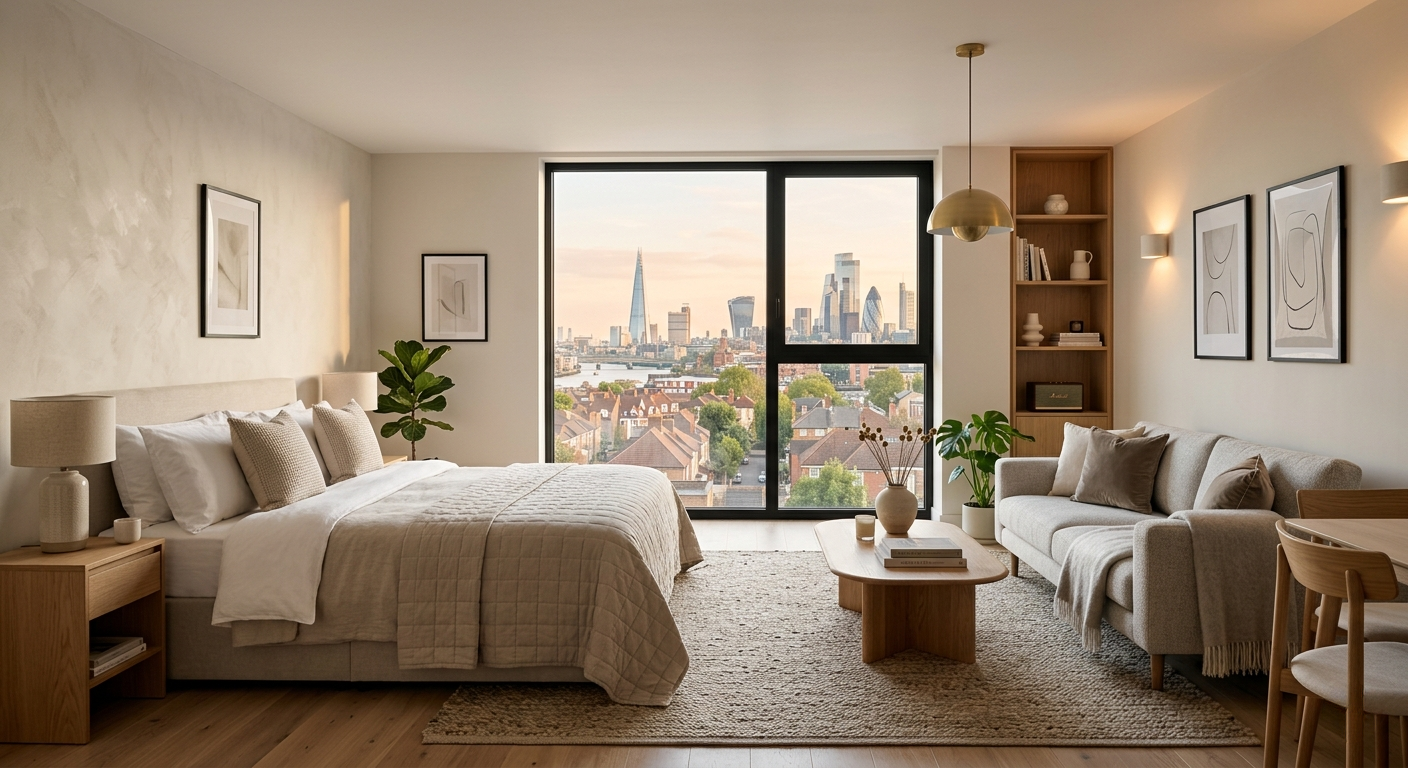 A modern premium London apartment interior overview representing managed commercial serviced accommodation